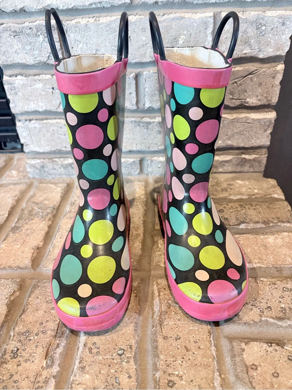 Western Chief Kids Black Rain Boots with Pink, Teal & Lime Polka Dots